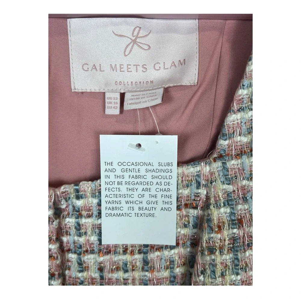 NWOT Gal Meets Glam Stacy Boucle Mini Dress Tweed Pink Retro Fringe Button US 12